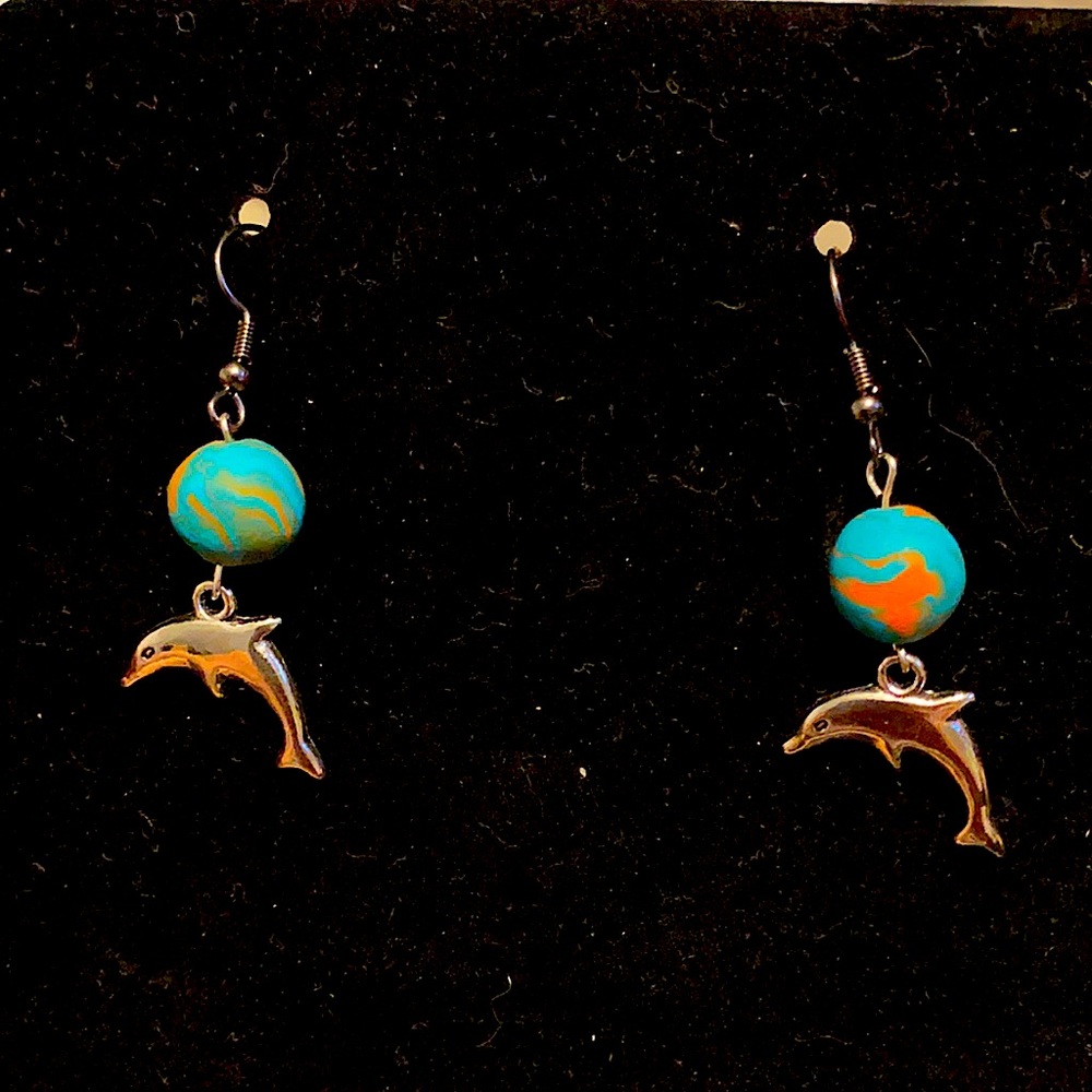 Hand crafted clay bead Miami Dolphin earrings
